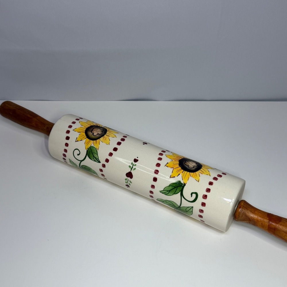 Vintage Style Ceramic Sunflower Rolling Pin Wood Handles Hand Painted Cream